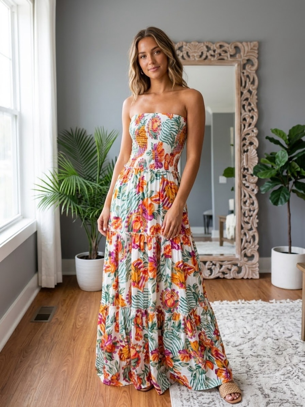 Abel The Label x Anthropologie Tropical Floral Strapless Smocked Maxi Dress SM